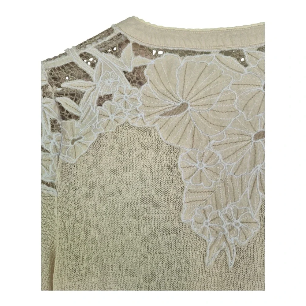 Free People Easy Breezy Henley-Floral Applique Beige Long Sleeve Top L